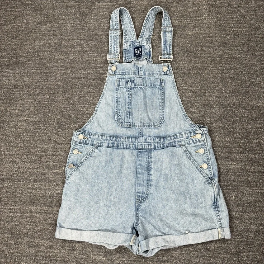 Gap Denim Bib Shortalls Women Medium Blue 100% Cotton Garden Cuffed Cut Off FLAW